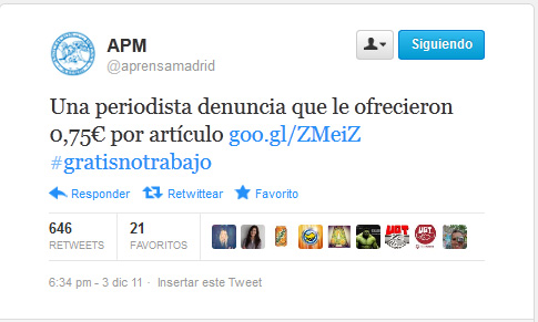 Tuit de la APM de los primeros días de la campaña #gratisnotrabajo.